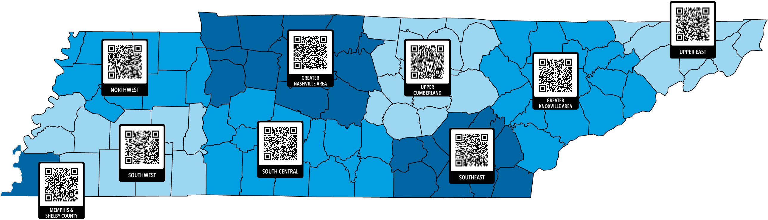 Map of Tennessee with colored regions and QR codes linked to regional Facebook groups