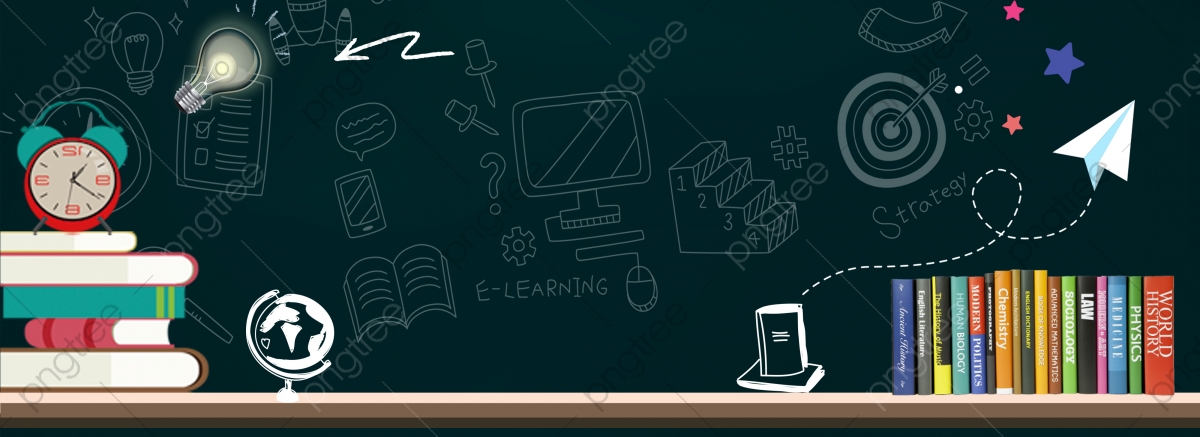 Ed Header 1 Illustrated blackboard with books, a clock, a globe and a paper airplane