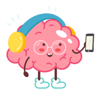 A drawing of an animated brain that has headphones on and is on a smartphone