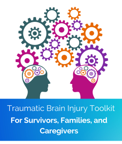 The cover of the Survivors, Families, and Caregivers Toolkit. Above the title is a graphic of 2 people looking at each other and above their heads is an array of different colored gears.