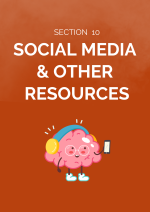 Burnt orange divider page for the Social Media and Other Resources section. On the page is a drawing of an animated brain that has headphones on and is on a smartphone. 