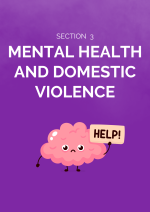 Purple divider Page for the Mental Health and Domestic Violence section. On the page is a drawing of an animated brain that is holding up a sign that says "Help!"