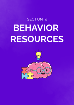 Dark purple divider page for the Behavior Resources section. On the page is a drawing of an animated brain that has a light bulb above his head and puzzle pieces at his side. 