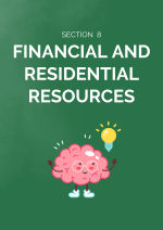 Dark green divider page for the Financial and Residental Resources section. On the page is a drawing of an animated brain that has his hands raised and a light bulb above his head.