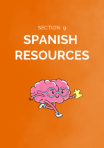 Orange divider page for the Spanish Resources section. On the page is a drawing of an animated brain that is running with a puzzle piece in his hands.