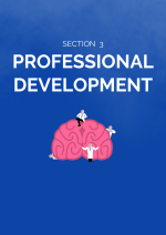 Blue divider page for the Professional Development section. On the page is a drawing of a brain with professionals in white coats around it. 