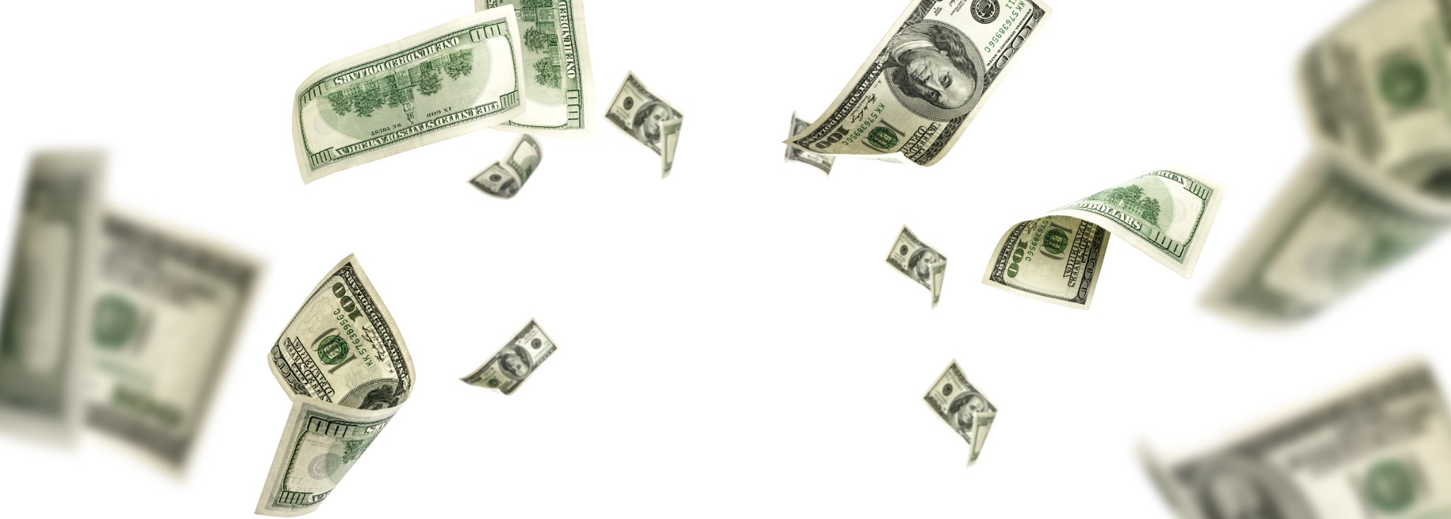 Money header Money twisting and floating on a white background