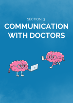 Blue divider page for the Communication with Doctors Section. On the page is 2 animated brains facing each other. One is holding a laptop and the other is holding a phone.