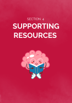 Red divider page for the Supporting Resources Section. On the page is an animated brain reading a book.