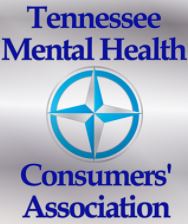 TN Mental Consumers Association logo, gray background, blue text with star in the center.