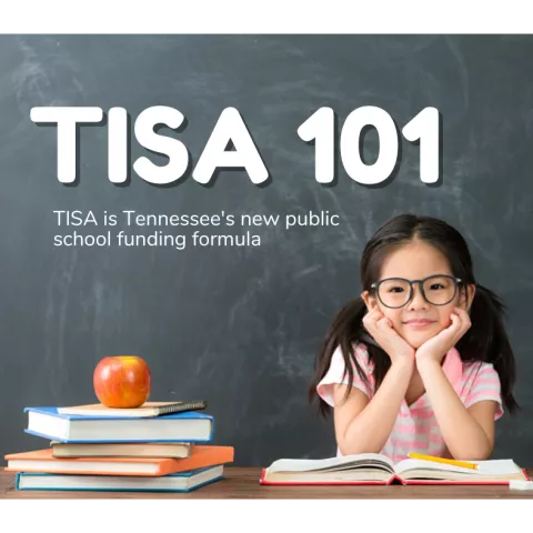 Headline says TISA 101, the background is of a young girl with glasses resting her head in her hands and smiling. She is next to a stack of books with an apple on top, all in front of a blank blackboard. 