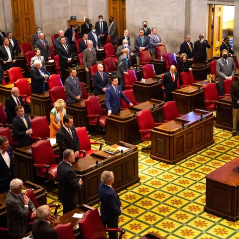 Members of the Tennessee General Assembly standing in chamber with gold and green carpet, wooden desks and red chairs