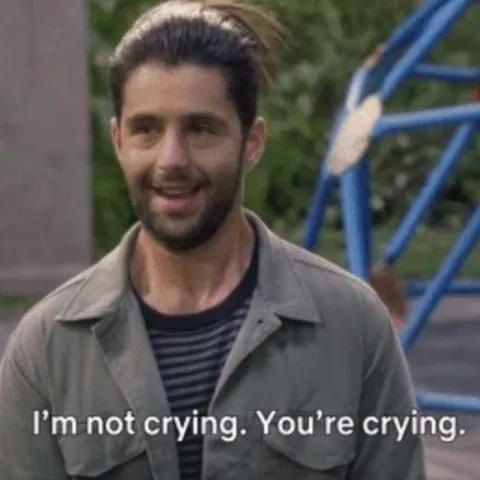 A white man with dark, pulled back long hair and a dark beard saying "I'm not crying. You're crying"