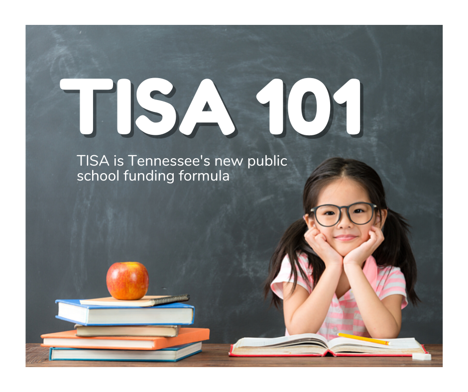Headline says TISA 101, the background is of a young girl with glasses resting her head in her hands and smiling. She is next to a stack of books with an apple on top, all in front of a blank blackboard.