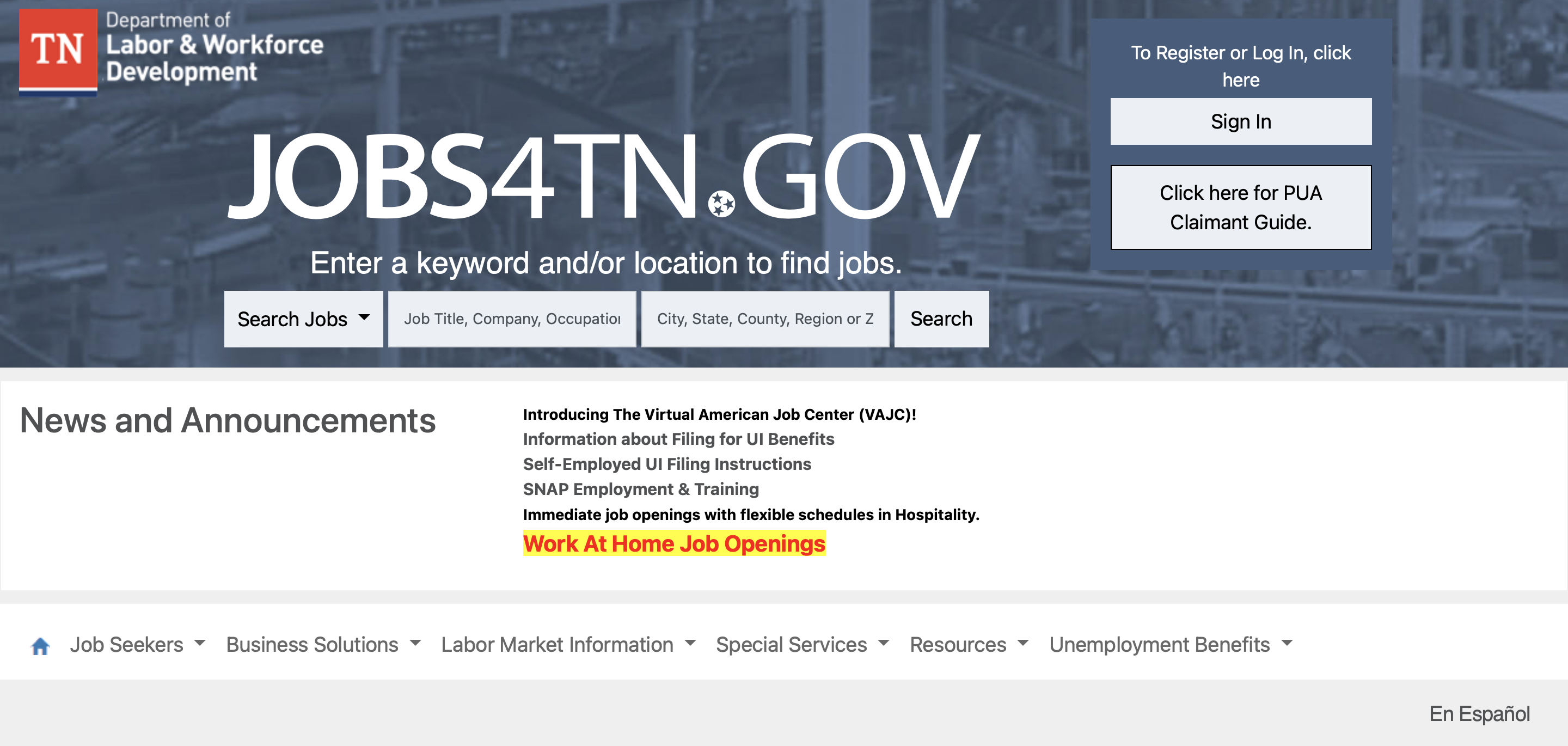 a screenshot of the Jobs4TN.gov webpage