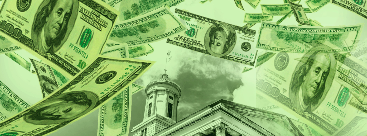 Budget Hearings Header A green tinted photo featuring the cupola of the state Capitol building with dollar bills falling around it