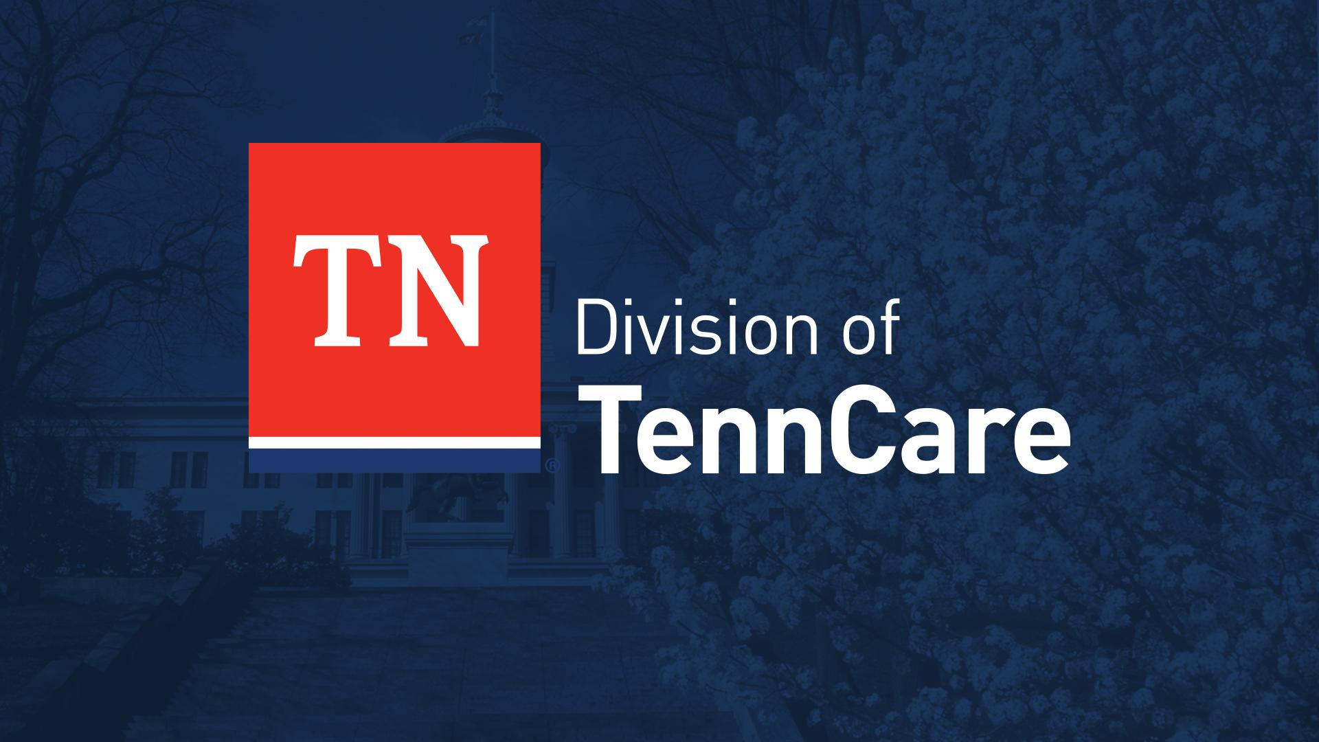 On a blue background, a red square with white letters spelling &quot;TN&quot;, and to the right &quot;Division of TennCare&quot; in white letters